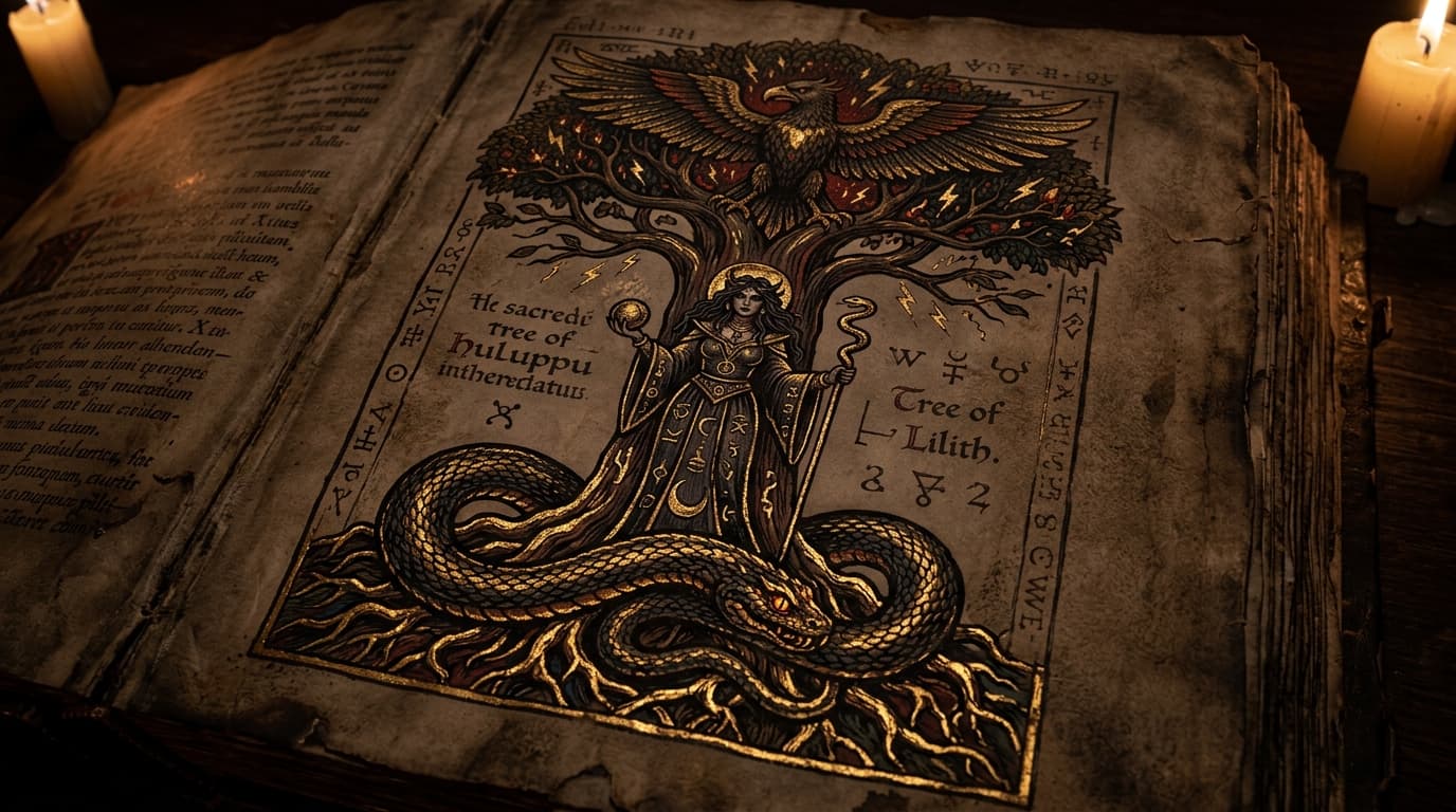 Illuminated ancient occult manuscript of the Huluppu Tree